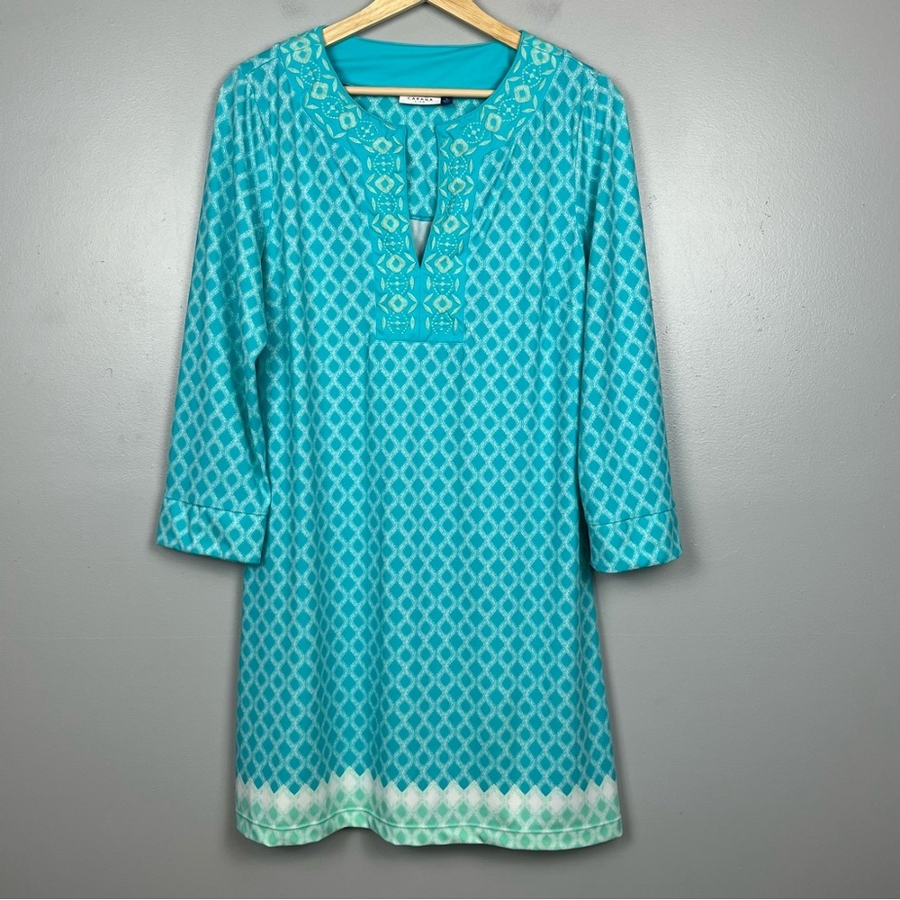 Cabana Life aqua notch neckline embroidered 3/4 sleeve tunic mini dress, large.
